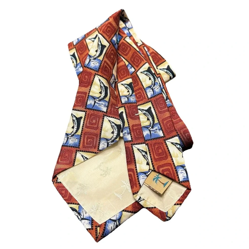 Vintage Tommy Bahama Marlin Postage Stamp Silk Necktie Handmade USA Red Wide Tie